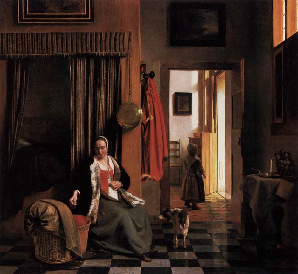 Pieter de Hooch. Mujer atándose el corpiño al lado de una cuna. Hacia 1659-1660. Gemäldegalerie. Berlín.