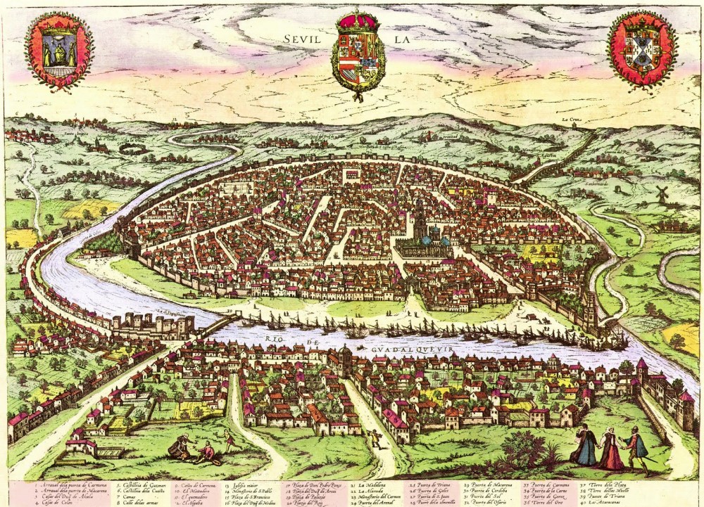 Braun y Hogenbert. Civitates Orbis Terrarum. Vista de Sevilla desde el Aljarafe. 1588