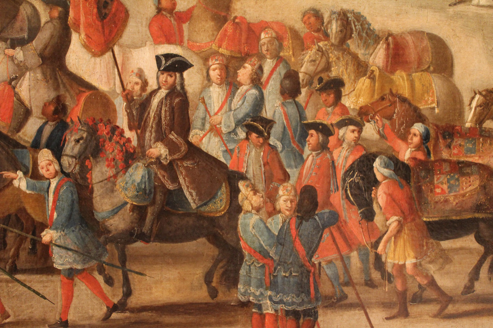 Domingo Martínez. Carro del Pregón de la Máscara. Detalle de José Antonio de Losada, director de la Fábrica de Tabacos que porta el Pendón Real. (Hacia 1748). Museo de Bellas Artes de Sevilla.