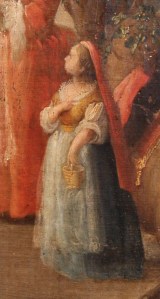 Domingo Martinez. Detalle del carro de la tierra. 1748. Museo Bellas Artes. Sevilla. Podemos apreciar como la niña lleva mantilla roja.