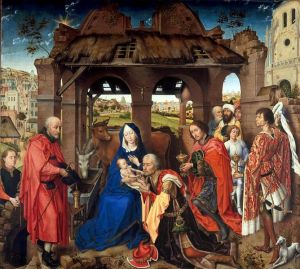 Roger van der Weyden. Adoración de los Magos.Panel central del altar de San Columba. Hacia 1455. Alte Pinacothek. Munich.