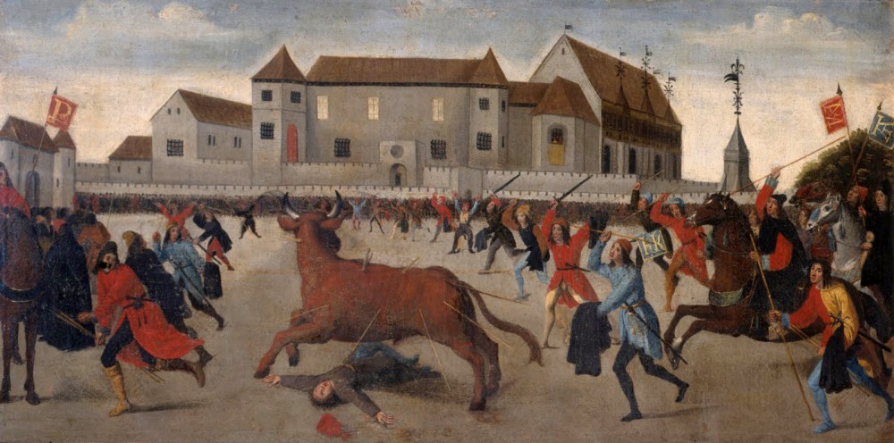 Cuadro atribuido al pintor flamenco Jacob van Laethem del séquito de Felipe el Hermoso. Corrida de toros en Benavente en honor de Felipe el Hermoso. 1506. Castillo de la Follie. Ecaussines (Bélgica).