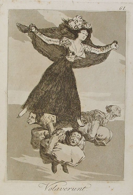 Francisco de Goya. Volaverunt. Los Caprichos. Grabado 61. 1799.La misteriosa dama que vuela aupada por las brujas lleva una mantilla negra que se ve abierta ya que ondea en el aire.