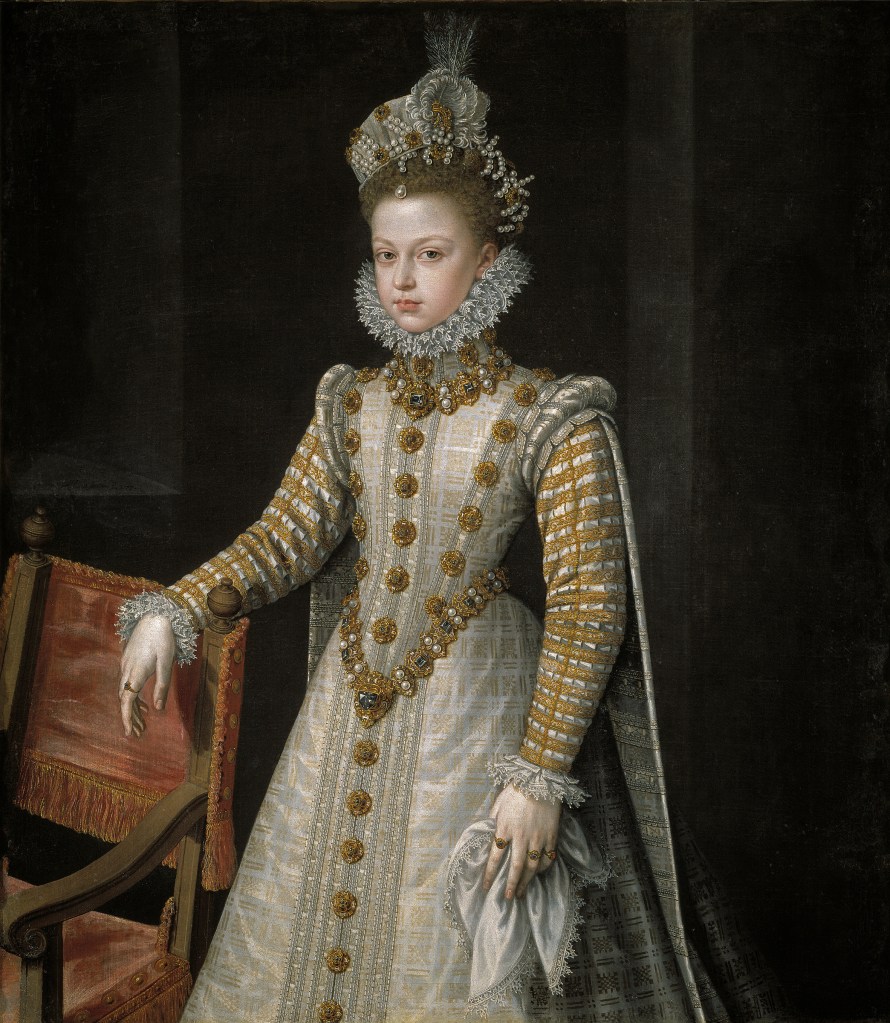 Alonso Sánchez Coello. La infanta Isabel Clara Eugenia. 1579. Museo del Prado. La infanta, de trece años de edad, lleva saya entera y mangas en punta.
