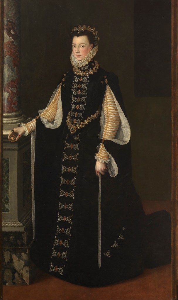 Sofonisba Anguissola (Atribuido a). Isabel de Valois sosteniendo un retrato de Felipe II. Hacia 1561-1565. Museo del Prado. La reina aparece apoyada en una columna, uno de los elementos típicos del retrato cortesano.