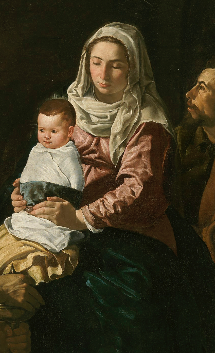 Diego Velázquez. La Adoración de los Magos. 1619. Museo del Prado. Vemos como el Niño aparece completamente fajado sobre el regazo de la Virgen. A partir del siglo XIV el rey Baltasar se representa negro.