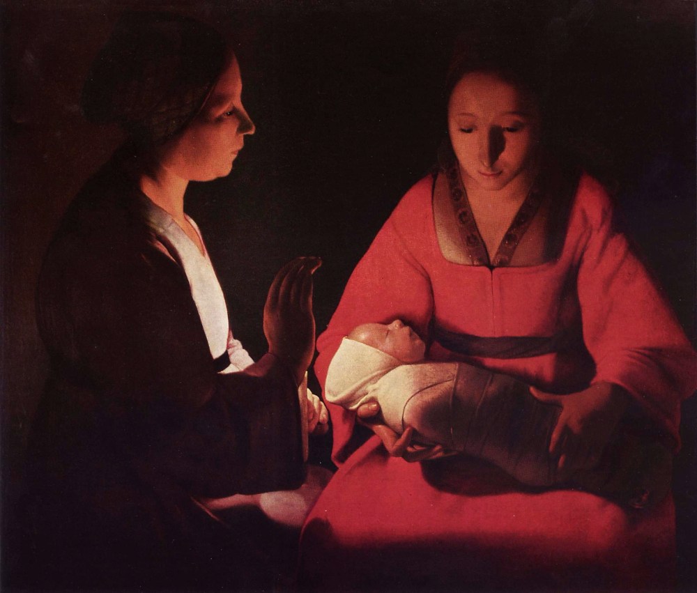 Georges de la Tour. El recién nacido. Hacia 1645-1648. Museo de Bellas Artes. Rennes. Francia. La preciosa escena, que tal vez sea una Natividad, nos muestra a al bebé perfectamente fajado y dormido en brazos de su madre.
