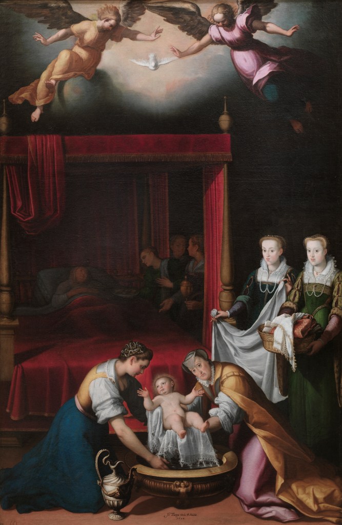Juan Pantoja de la Cruz. El Nacimiento de la Virgen.  1603. Museo del Prado. La Virgen María bajo un precioso paño guarnecido de encaje va a ser lavada. La sirvienta (a la derecha) lleva cuerpo muy escotado sobre la camisa. Las tres damas que miran al espectador  van vestidas al modo cortesano.