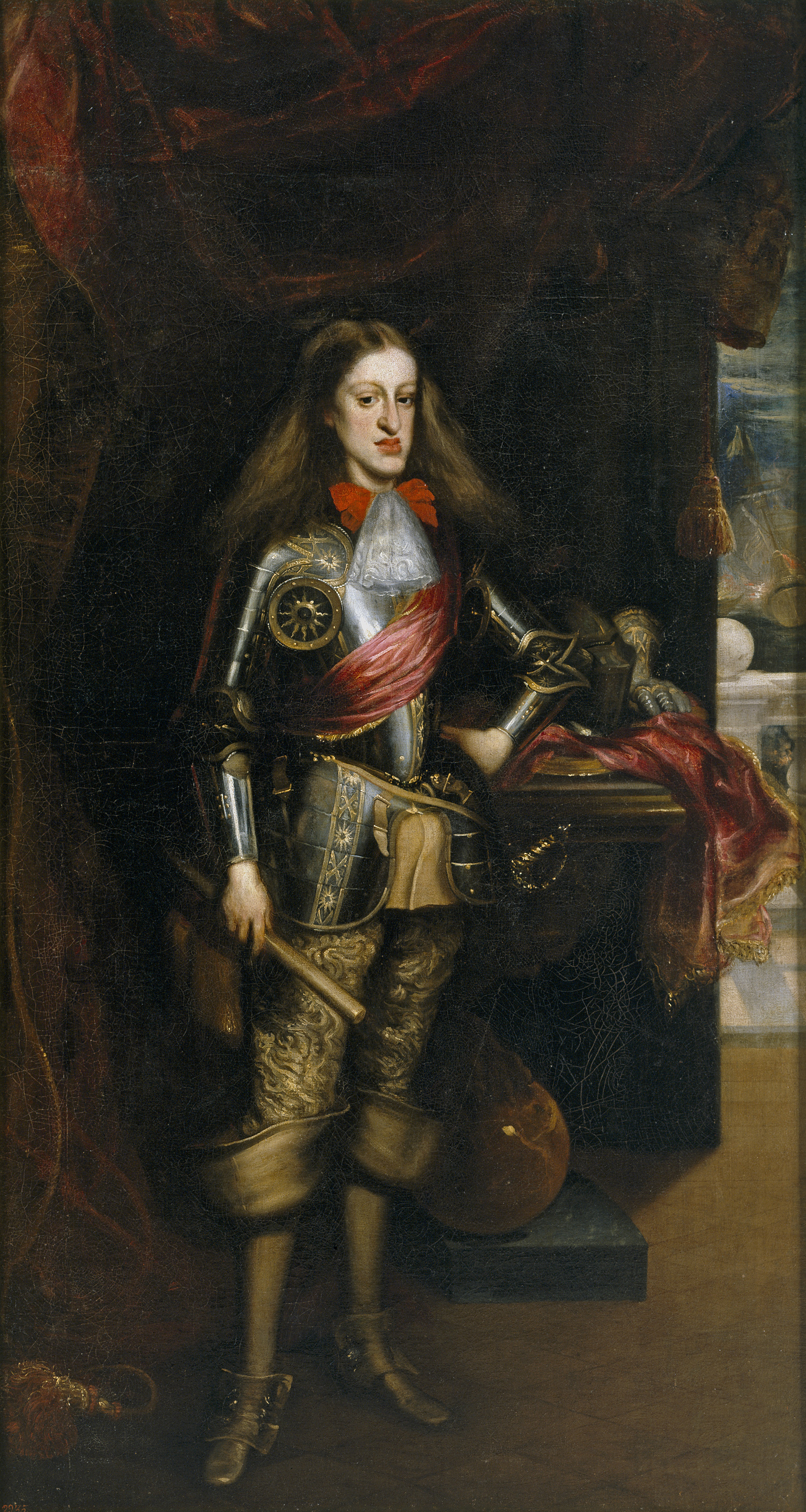 Juan Carreño de Miranda. El rey Carlos II con armadura.1681.Museo del Prado. Carlos II lleva corbata de encajes a la moda francesa.