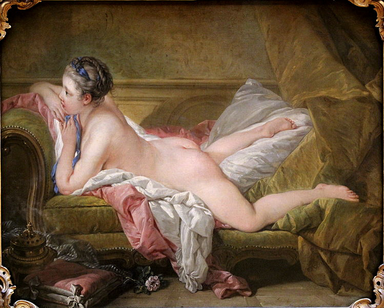Boucher. Muchacha tumbada. 1752. Alte Pinakothek. Munich. La joven, probable amante de Luis XV, está echada sobre una chaisse longue, tipología de asiento surgida en el siglo XVIII.