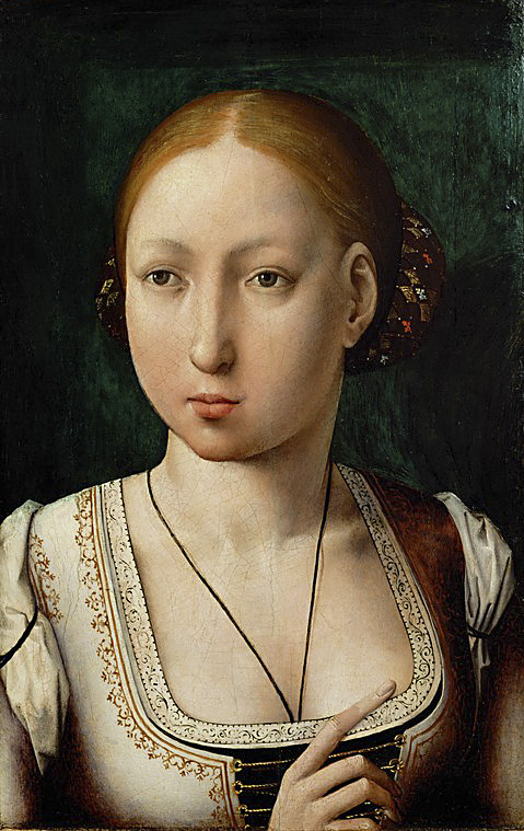 Juan de Flandes. Juana la Loca. Hacia 1496-1500. Kunsthistorisches Museum. Viena. Doña Juana luce amplio escote, de moda en la corte flamenca de su tiempo.