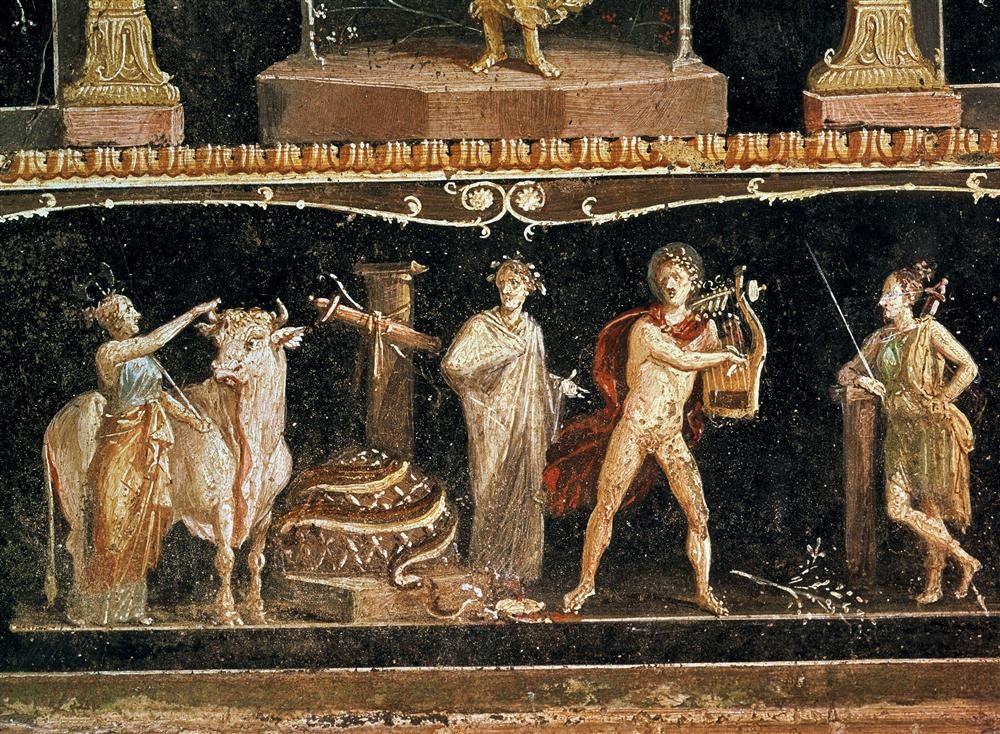 Casa de los Vetti. Pompeya. Este fresco de la casa de los Vetti en Pompeya recrea el episodio de la muerte de la serpiente Pitón a manos del dios Apolo, que aparece representado tocando la lira.