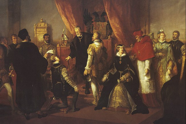 Francisco de Paula Van Halen. Abdicación de Carlos V en el salón del trono del Palacio Real de Bruselas. Siglo XIX.