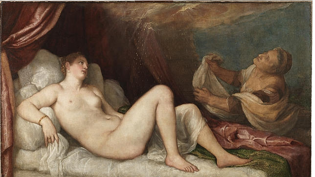 Tiziano. Dánae. Primera poesía de Tiziano para el príncipe Felipe. 1553.Aspley House. Londres.