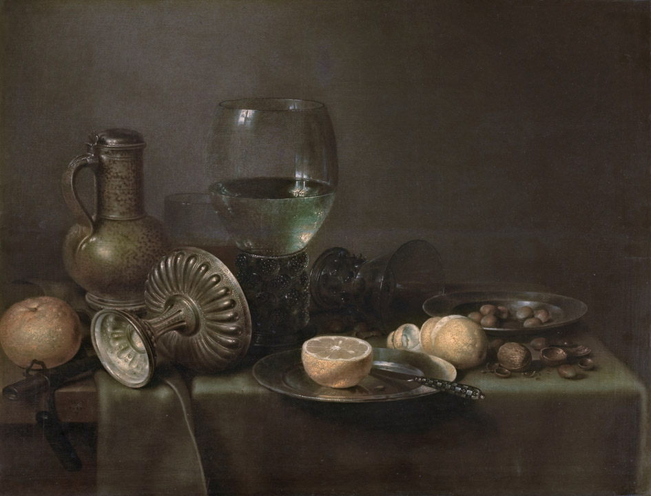 Willem Claesz Heda y taller. Bodegón con jarra de cerveza y naranja.1633