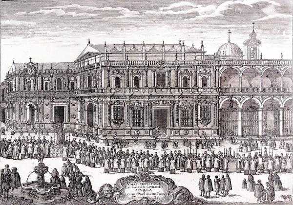 Pedro Tortolero. Casa del Cabildo de Sevilla y procesión del Corpus. Grabado. 1738. Universidad de Sevilla.