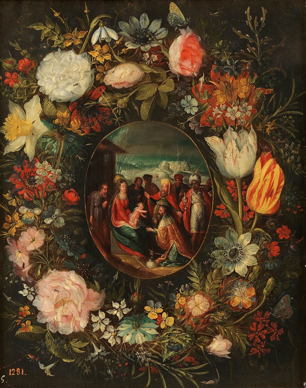 Pieter Brueghel el joven. Guirnalda con la Adoración de los Reyes Magos. Siglos XVI - XVII. Museo Nacional del Prado. Madrid.