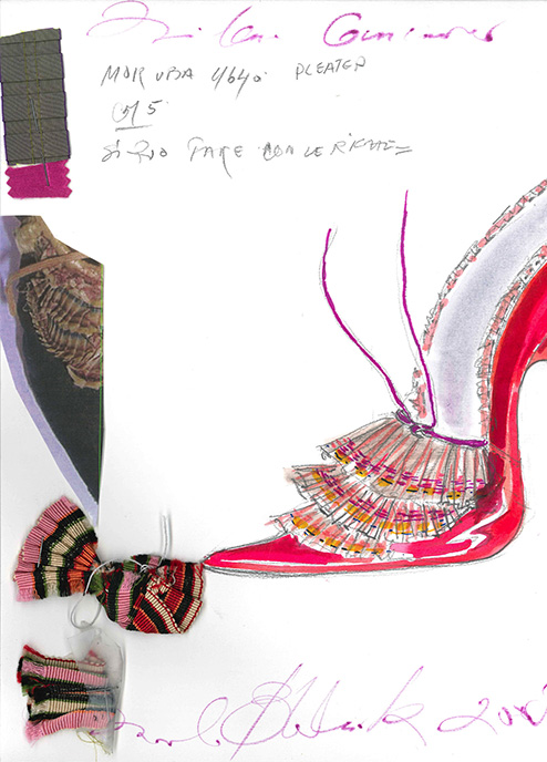 Dibujo en tinta y lápiz del zapato con muestras de tela. Colección Marie Antoinette. 2005.