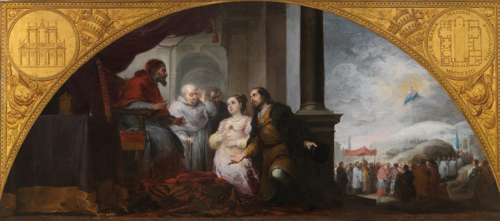 Bartolomé Esteban Murillo. Fundación de Santa María Maggiore de Roma. El patricio revela su sueño al papa Liberio. 1664-1665. Museo del Prado.