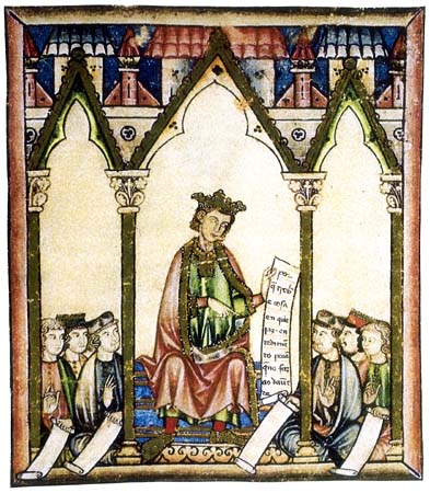 El rey Alfonso X de Castilla representado en una miniatura de las Cantigas de Santa María.