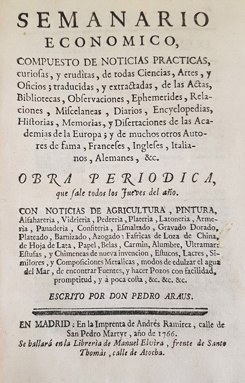 Semanario económico. Pedro Arús. 1766. Madrid.