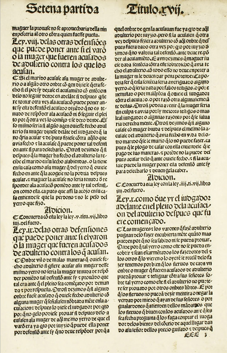 Partida VII. Título XVII. Ejemplar impreso el 24 de diciembre de 1491.
