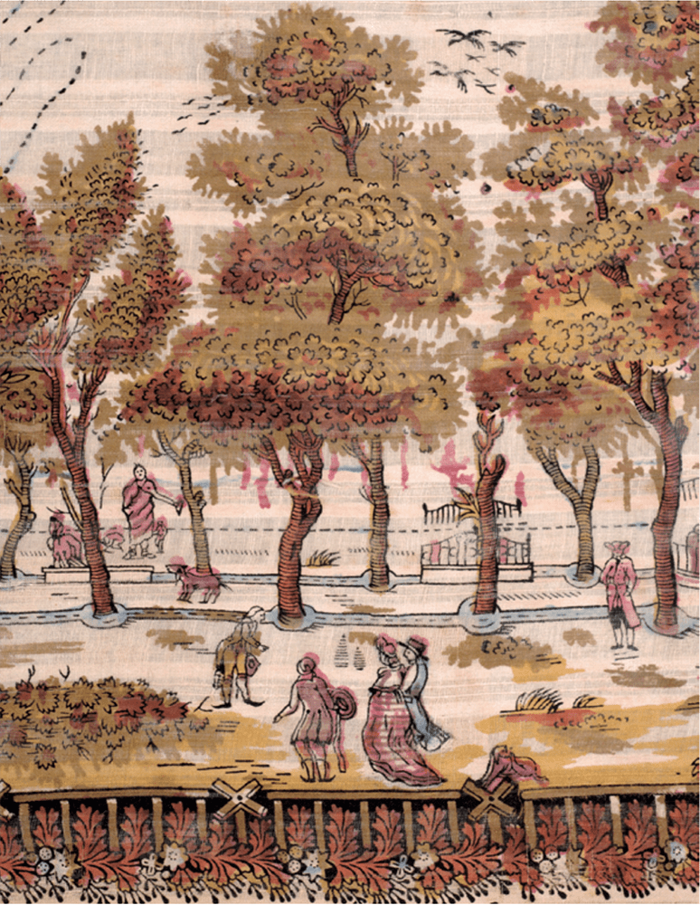 Paseo Nuevo de la esplanada. Pañuelo de algodón estampado con molde de bac. Barcelona. Finales s. XVIII. MUHBA. Barcelona. La estampación con molde se llama bac, este nombre proviene del francés y hace referencia al recipiente donde se depositaba el color. El dibujo se trabajaba sobre el molde con gubia y más adelante se aplicó sobre la madera incrustando un metal, surgiendo de esta manera el molde compuesto.