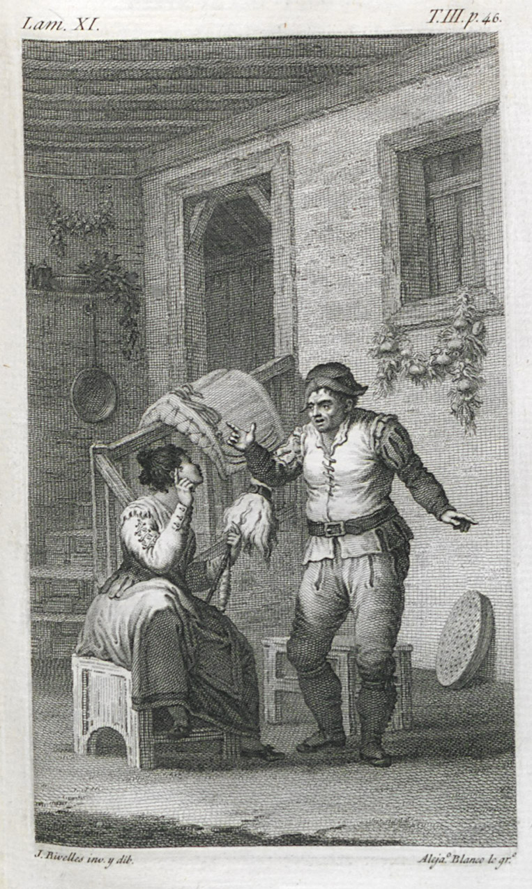 Alejandro Blanco según dibujo de J. Ribelles. Sancho con Teresa Panza. 1819. Edición de la Real Academia Española. Imprenta Real.