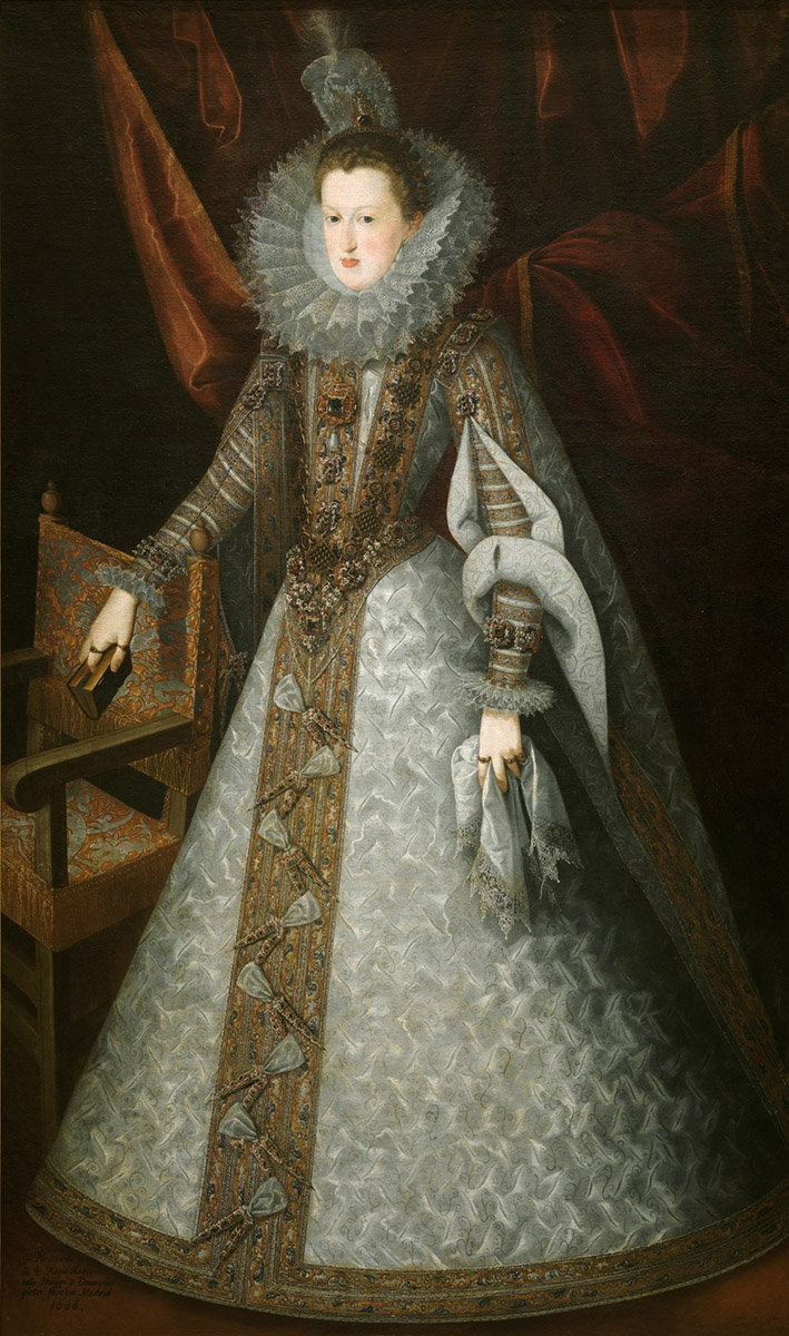 Juan Pantoja de la Cruz. 606. Margarita de Austria. Museo del Prado. La reina luce verdugado.