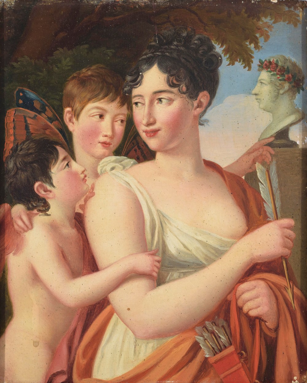 José de Madrazo. Josefa Tudó, I Condesa de Castillo Fiel, con sus hijos Manuel y Luis Godoy, junto a un busto de Manuel Godoy.