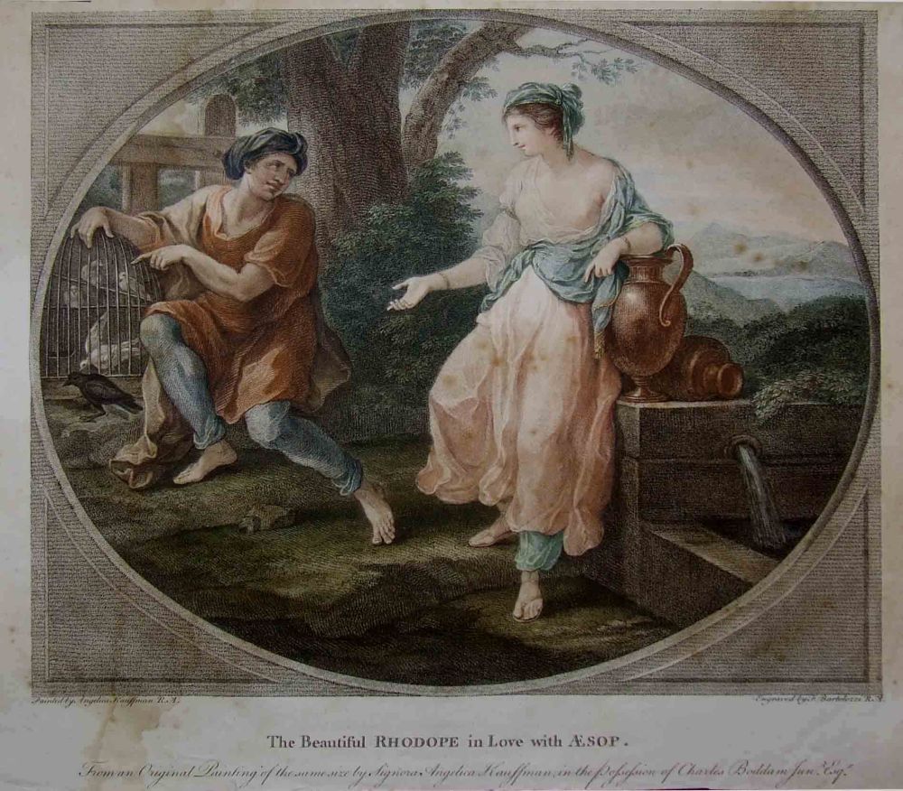 Grabado de Francesco Bartolozzi sobre pintura de Angelica Kauffmann. 1790.  La hermosa Rhodope enamorada de Esopo. Colección particular. San Petersburgo.