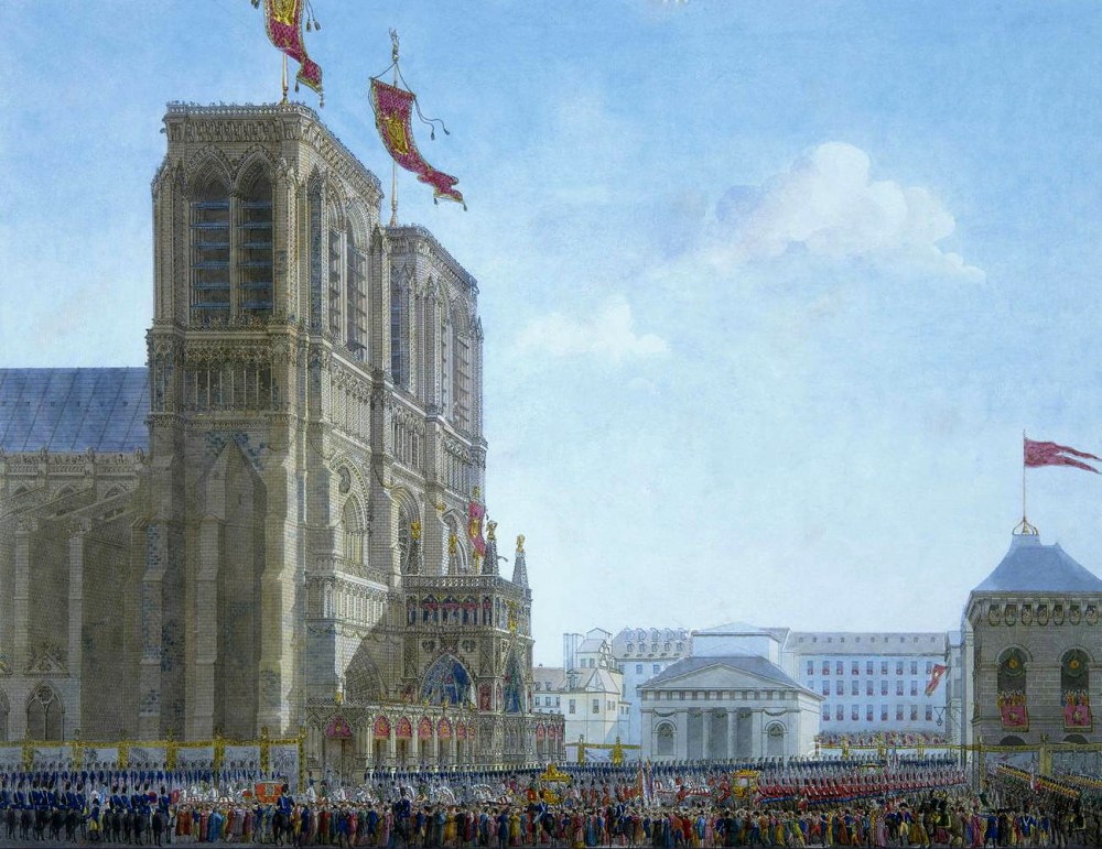 Charles Percier y Pierre Françoise Léonard Fontaine. Llegada de Napoleón a Notre-Dame para su coronación. 1804.