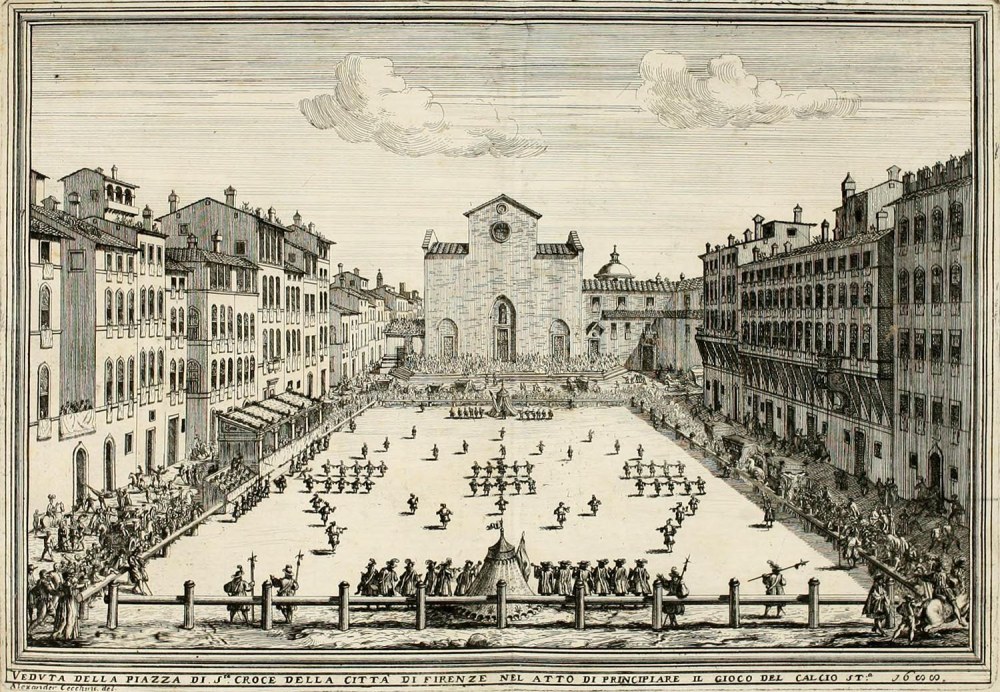 Anónimo.” Plaza de la Santa Croce”. Memorias del “calcio” florentino dedicadas a Su Alteza Serenísima Fernando, Príncipe de Toscana y Violante Beatriz de Baviera. Imprenta de S.A.S. alla Condotta. Florencia. 1668.