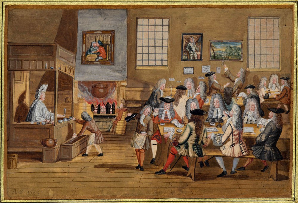 Anónimo. Interior de una cafetería en Londres. Hacia 1668. Museo Británico. Londres.