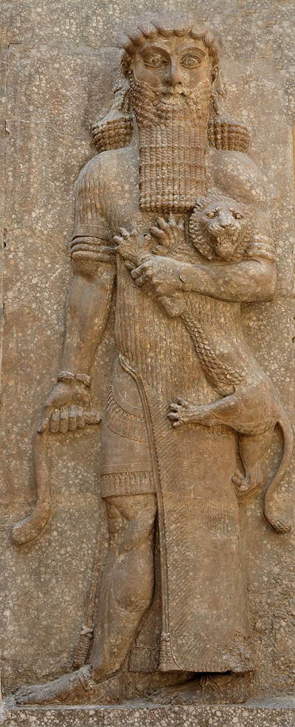 Héroe dominando un león. Relieve de la fachada de la sala del trono, Palacio de Sargón II en Khorsabad 713–706 a. C. Museo del Louvre. París.