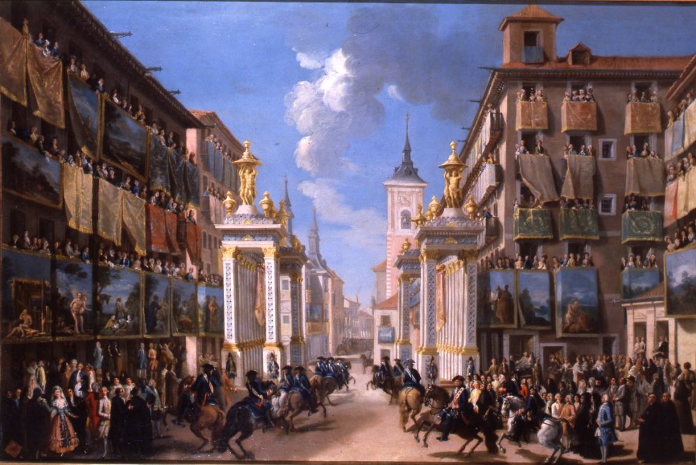 Lorenzo Quirós. Ornatos de la calle de las Platerías con motivo de la entrada de Carlos III en Madrid. Hacia 1763. Real Academia de Bellas Artes de San Fernando. En depósito en el Museo Municipal de Madrid.