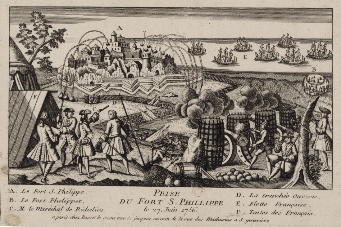 Anónimo. Asedio y captura del Fuerte San Felipe en Menorca en 1756 después del exitoso desembarco de las tropas del Mariscal Richelieu y la victoria naval de La Galissonière contra el Almirante Byn. Hacia 1756. Biblioteca Nacional de Francia. Paris.