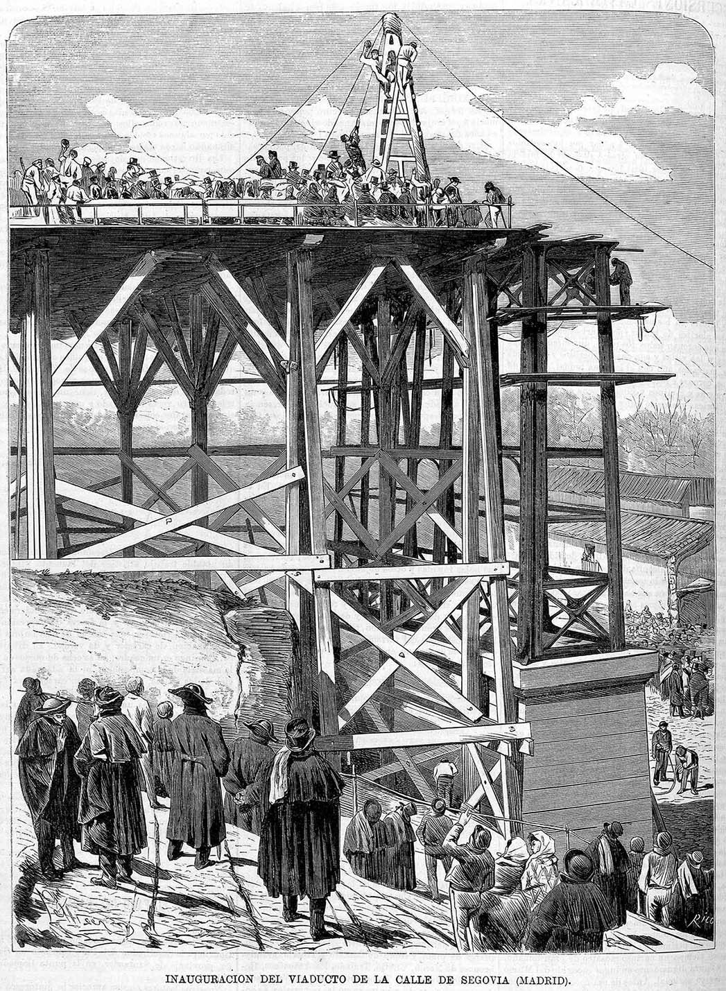 osep Lluis Pellicer (Dibujo), Bernardo Rico (Grabado). Inauguración del viaducto de la calle Segovia. 1872. La Ilustración de Madrid.