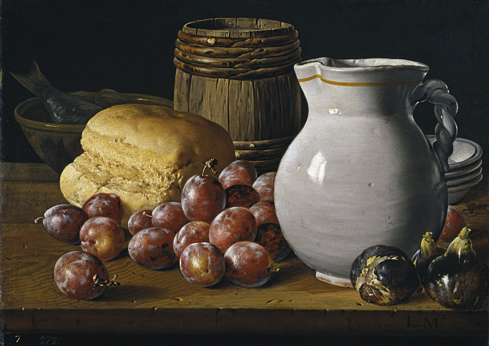 Luis Egidio Menéndez. Bodegón con ciruelas, brevas, pan, barrilete, jarra y otros recipientes. 1760-1770. Museo Nacional del Prado. Madrid.