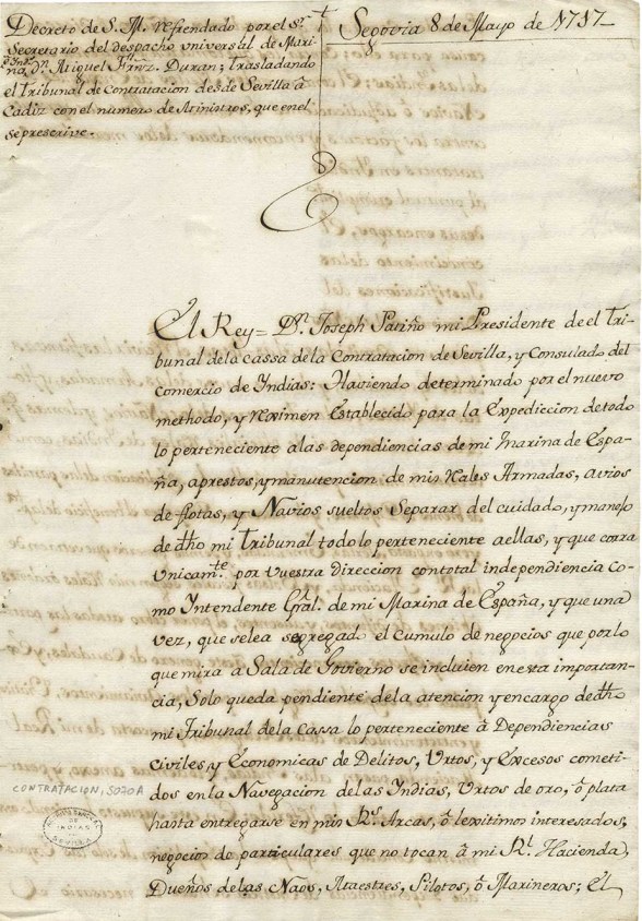 Decreto por el que se traslada el Tribunal de Contratación desde Sevilla a Cádiz. 1717. Archivo General de Indias. Sevilla.