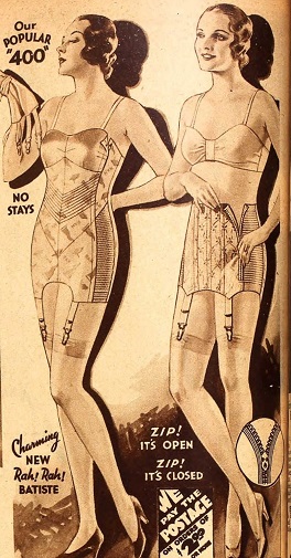 ¡Cremallera! ¡Está abierto!" La mujer de la derecha disfruta de la comodidad de una faja con cremallera; la mujer de la izquierda lleva un corsé cerrado con corchetes. Catálogo de Sears, primavera de 1932.