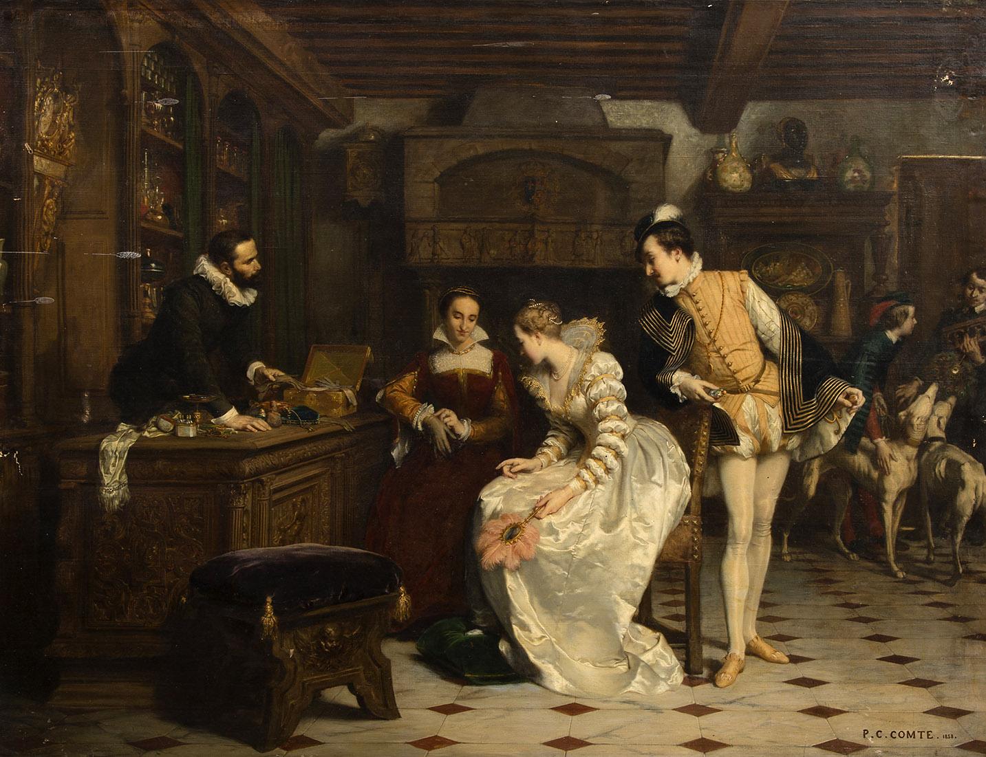 Pierre-Charles Comte. Juana de Albret, acompañada de su hijo Enrique de Navarra y de Margarita de Valois, viene a comprar a René, perfumista de Catalina de Médecis, los guantes que la envenenaron.1858.