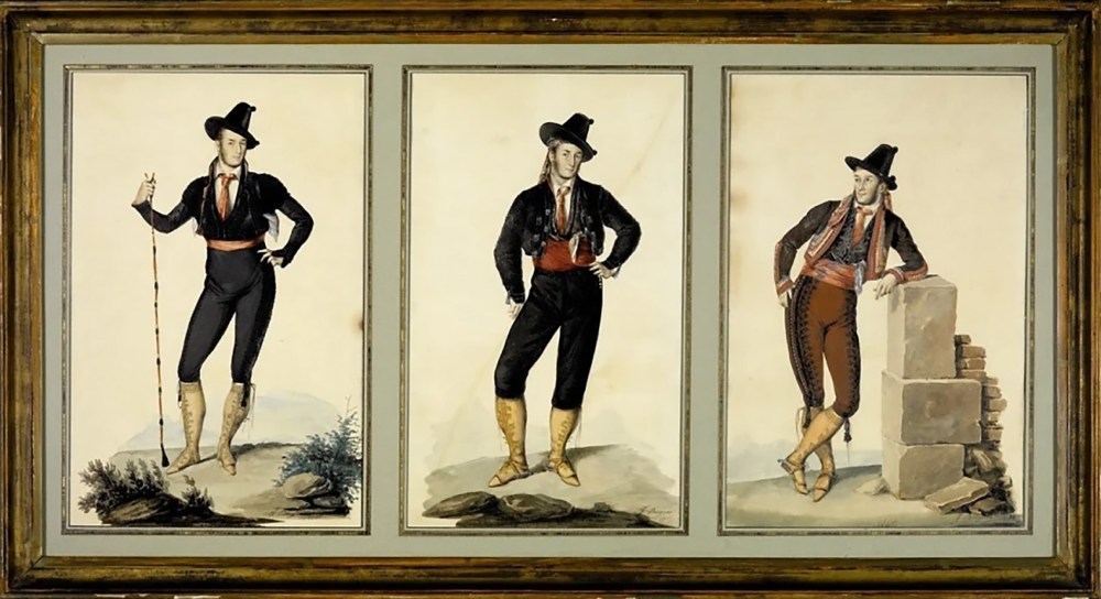 Triple retrato de Richard Ford como «majo serio» en la Feria de Mairena del Alcor, acuarela de José Domínguez Bécquer en 1832. Real Academia de Bellas Artes de San Fernando. Madr