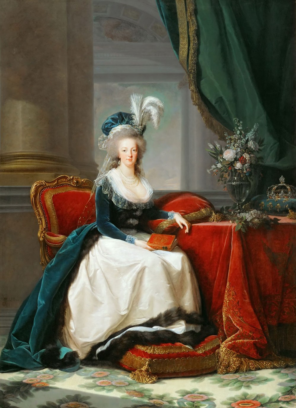 Élisabeth Vigée Le Brun. María Antonieta sentada, con abrigo azul y vestido blanco, con un libro en la mano. 1788. Palacio de Versalles.