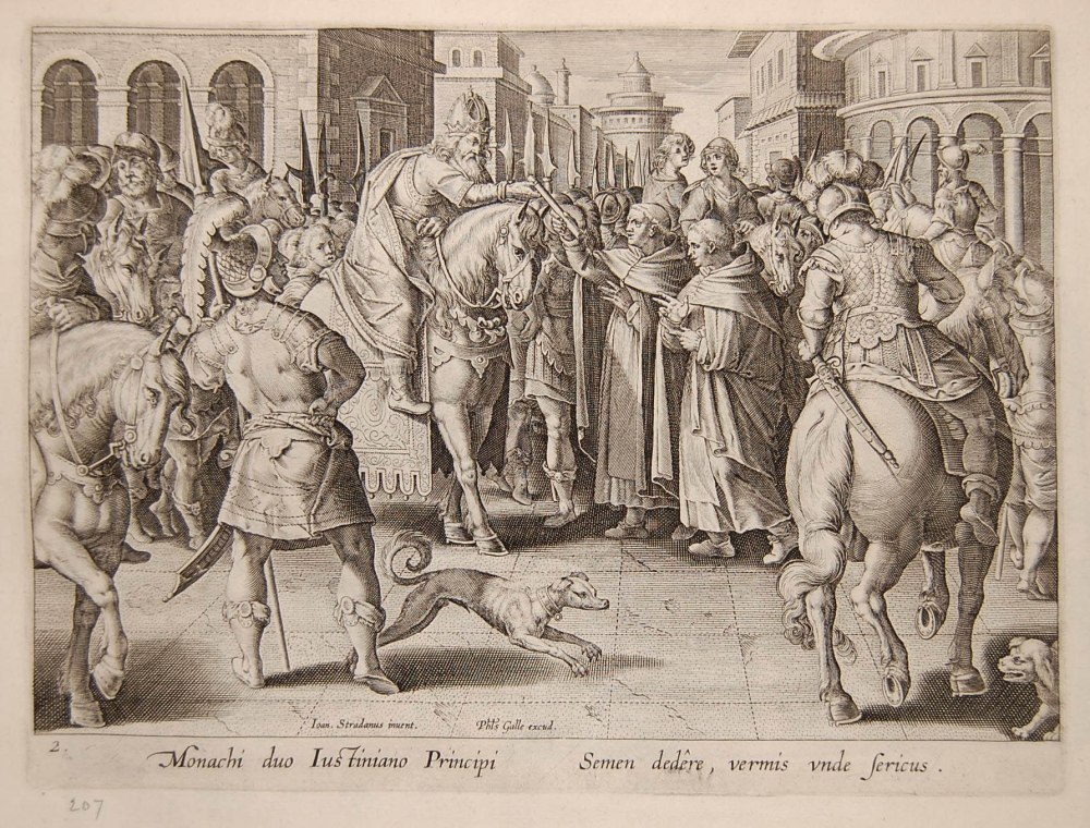 Justiniano a caballo en una plaza, recibiendo los primeros capullos de gusanos de seda importados de manos de dos monjes. 1590-1600. Museo Británico.