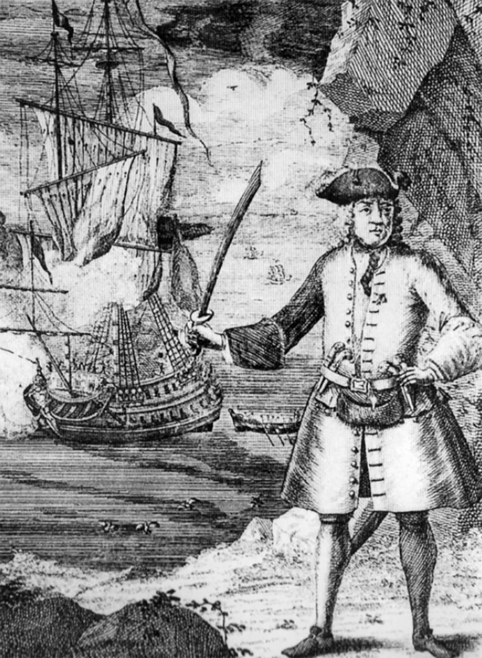 Anónimo. Ilustración del pirata inglés Henry Every y su barco el Fancy. Every capturó un fabuloso tesoro de un barco indio en 1695 y desapareció poco después para no volver a ser visto. 1702.