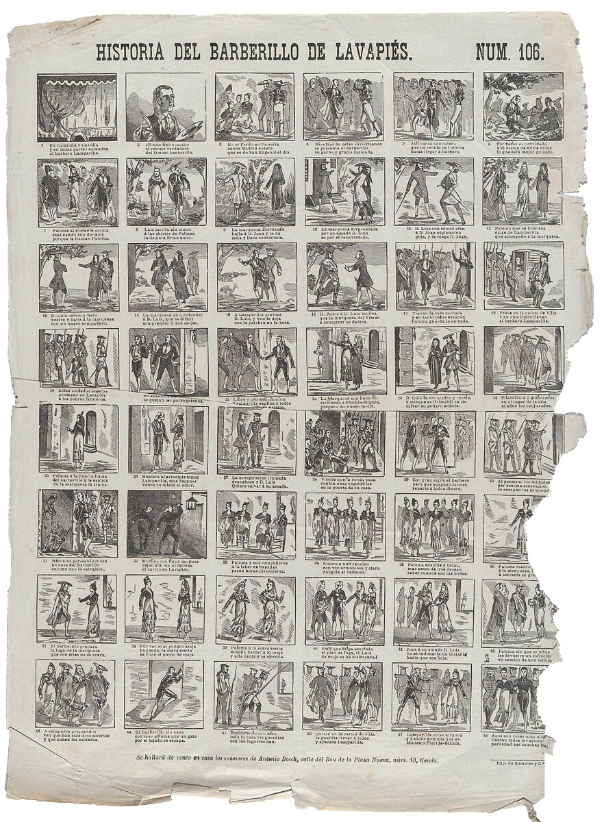 Editor Antonio Bosch. Imprenta Narciso Ramírez. Andanada con 48 escenas relativas a la zarzuela barberillo de Lavapiés. 1860-1870. Metropolitan Museum. Nueva York.