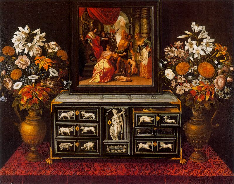 Tomás Yepes. Bodegón con escritorio de ébano y floreros. 1654. Colección particular.