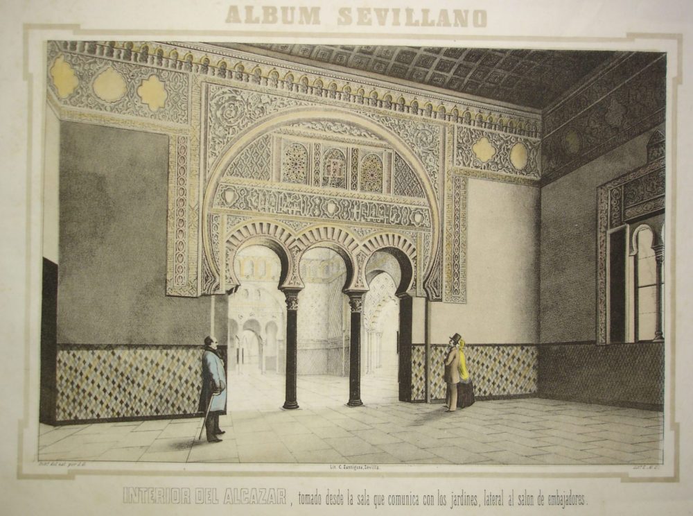 Joaquín Guichot. Interior del Alcazar, tomado desde la sala que comunica con los jardines, laterales al salón de embajadores. Hacia 1860