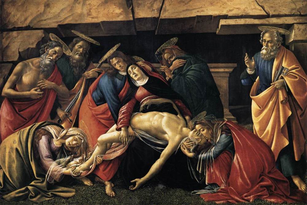 Sandro Botticelli. Lamentación sobre Cristo muerto con santos. Hacia 1490. Alte Pinakothek.